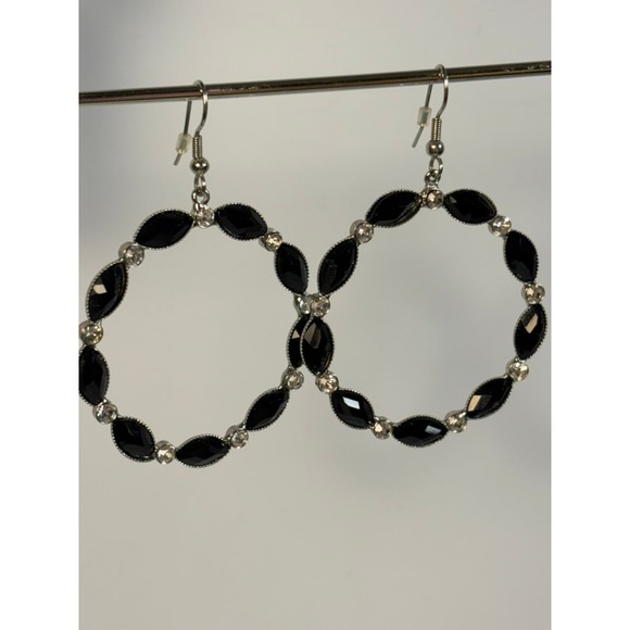 Glam Hoop Earrings Black Marquise Rhinestone Silver Tone Dangle Statement - Picture 4 of 6